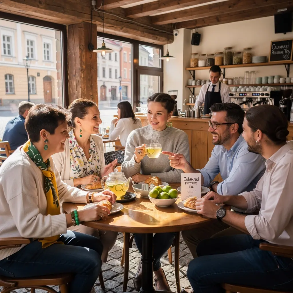 Stiklinė kalamentinų arbatos su ledais ir šviežiais vaisiais šalia.