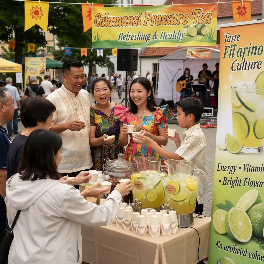 Švieži kalamanzi vaisiai ant stalo su žaliosios arbatos puodeliu.