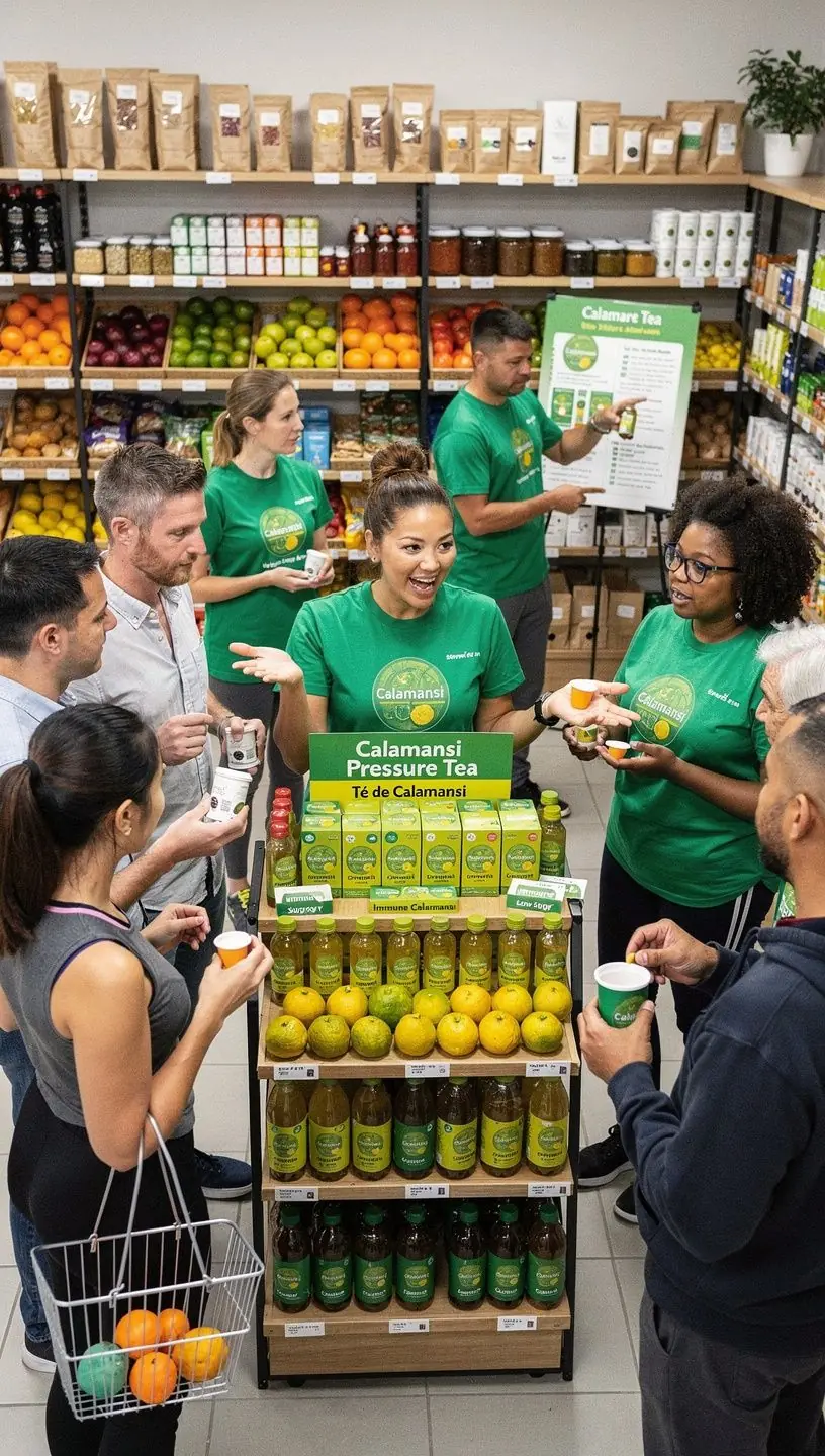 Arbatos pakelis su informacija apie vitaminą C ir spaudimo palaikymą.