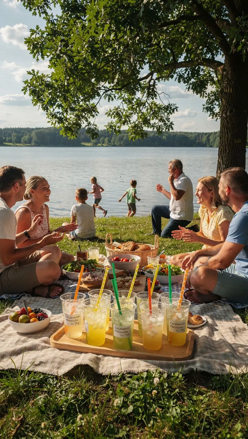 Žaliosios arbatos lapai šalia calamansi vaisių, pabrėžiantys natūralumą.